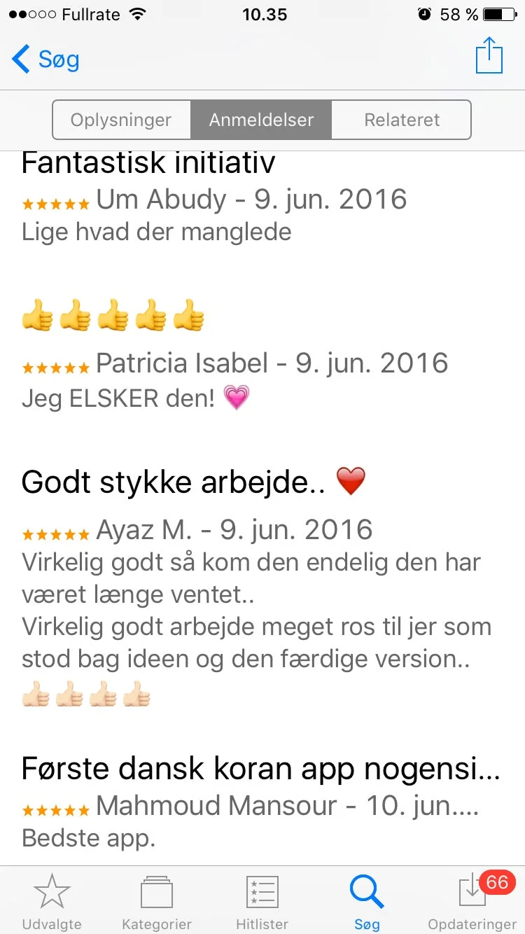 App Store, juni 2016: blandt andet anmeldelserne Fantastisk initiativ og Godt stykke arbejde