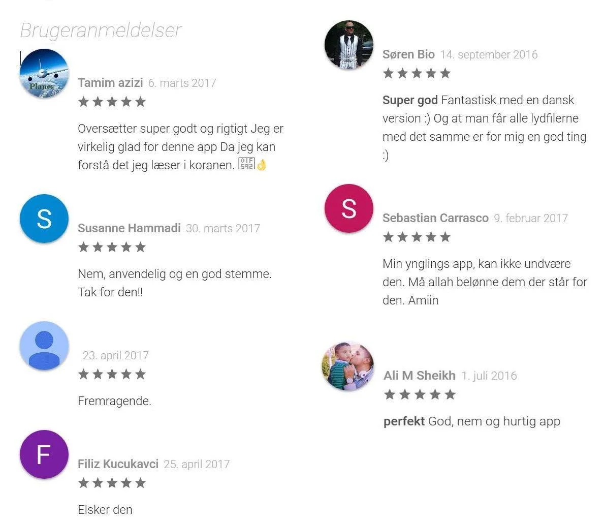 Udvalgte Google Play-anmeldelser fra 2016–2017 med kommentarer om oversættelsen, oplæsningen og brugervenligheden