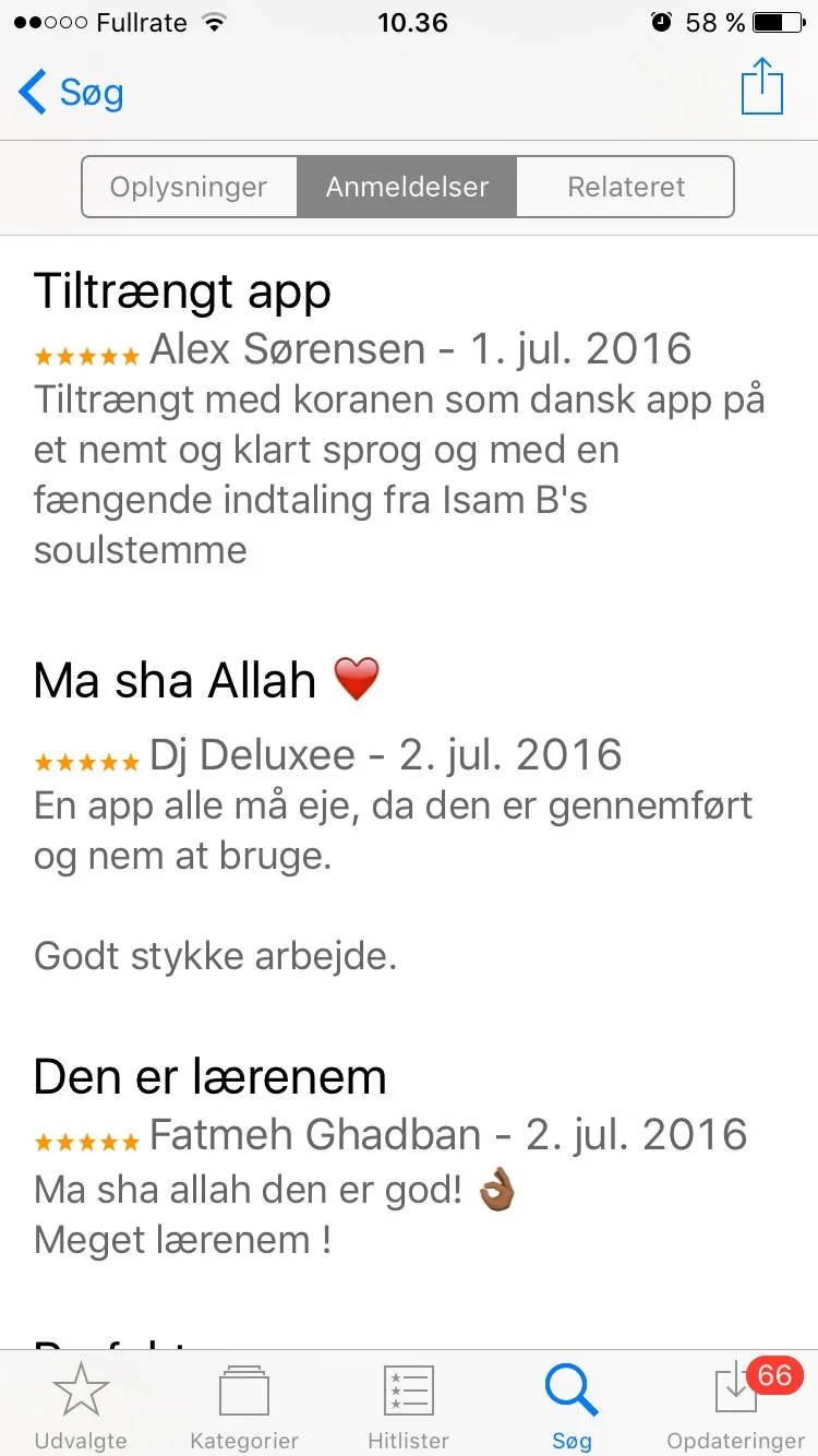 App Store-anmeldelser: „Tiltrængt app” af Alex Sørensen og „Ma sha Allah” af Dj Deluxee, begge med fem stjerner