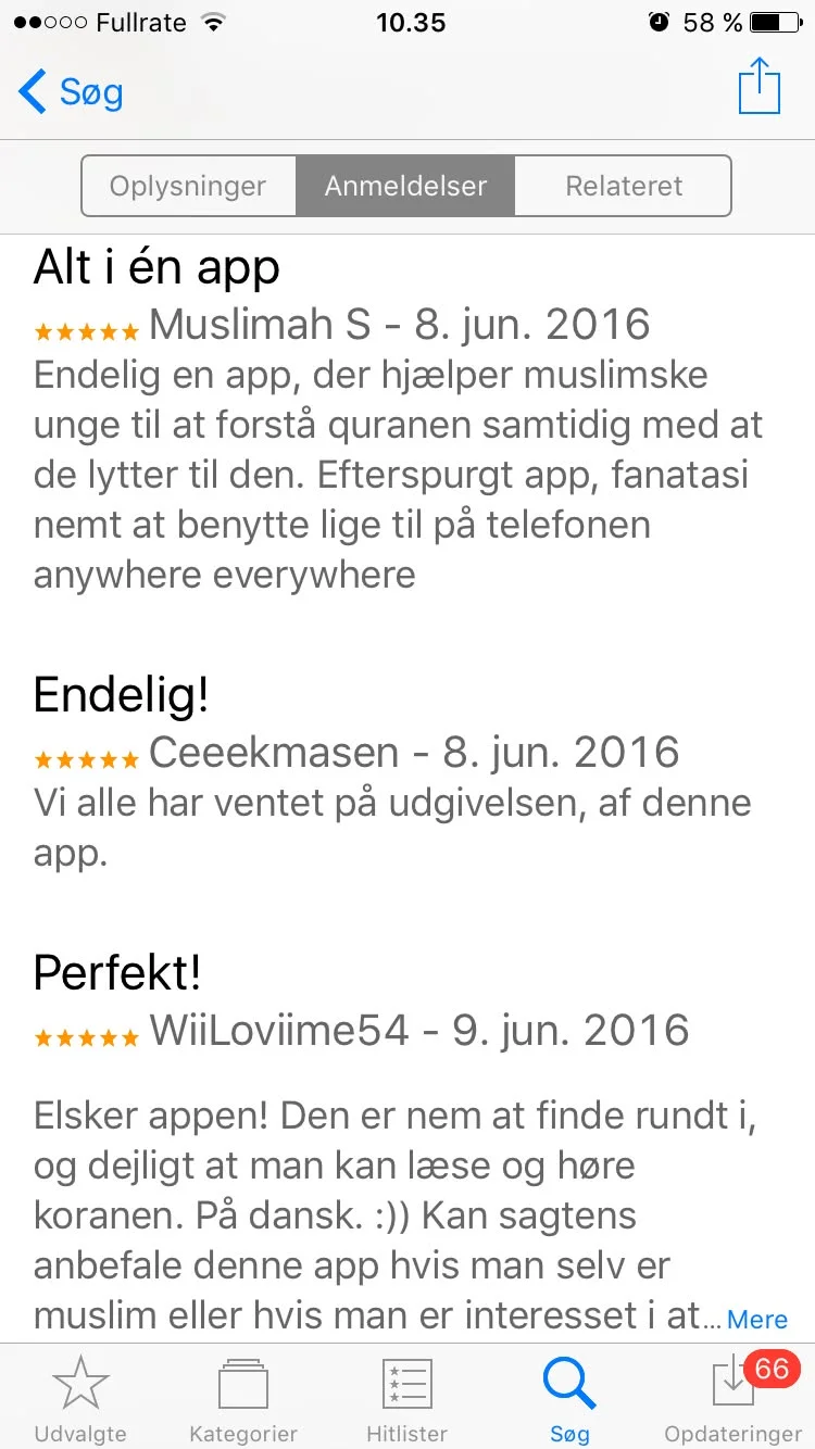 App Store-anmeldelser: „Alt i én app” af Muslimah S og „Endelig!” af Ceeekmasen, begge med fem stjerner