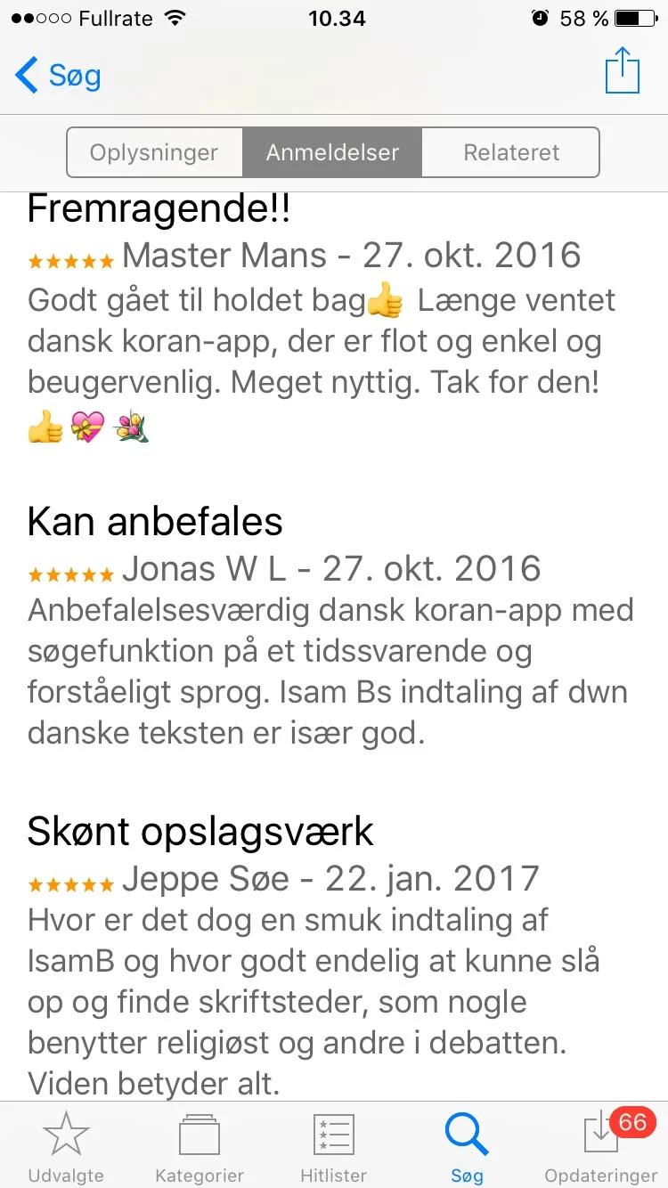 App Store-anmeldelser: „Fremragende!!” af Master Mans og „Skønt opslagsværk” af Jeppe Søe, begge med fem stjerner