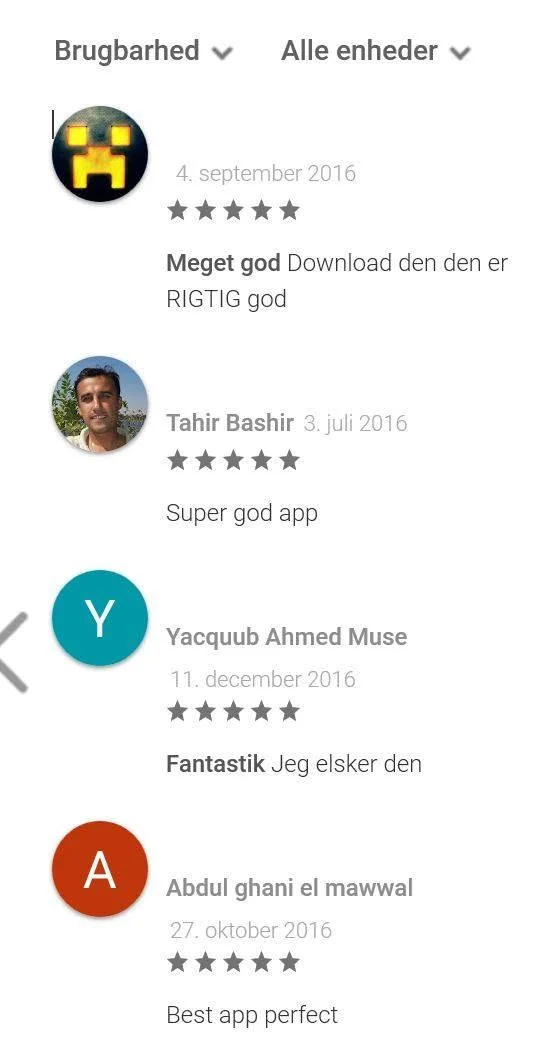 Brugeranmeldelser på Google Play fra Tahir Bashir, Yacquub Ahmed Muse og Abdul ghani el mawwal, alle med fem stjerner